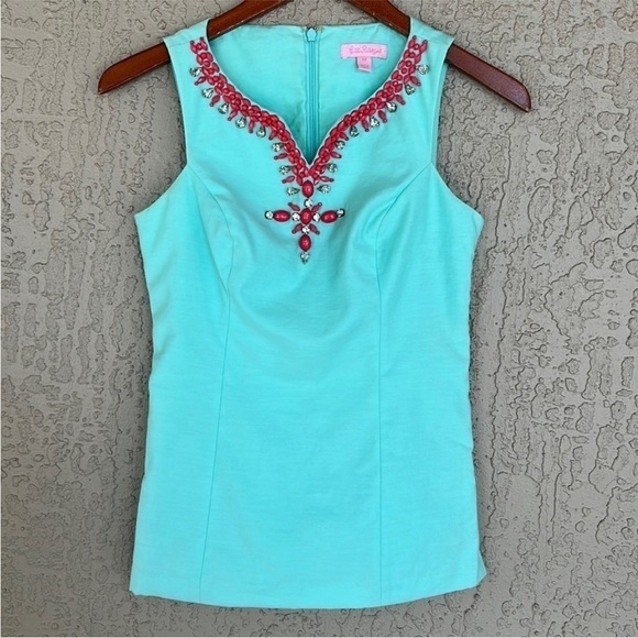 Lilly Pulitzer Tops - Lilly Pulitzer Jackie Shell Top Beaded Jeweled Sleeveless Aqua Blue 00